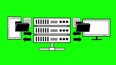 Siyah beyaz simge aktarım bilgisayar dosyaları, cep telefonu ve web sunucusu kavramını yeşil renkli anahtar arkaplan üzerine çizen video animasyonu