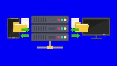 video animasyon simgesi transfer bilgisayar dosyaları, cep telefonu ve web sunucusu konsepti, mavi renkli anahtar arkaplan