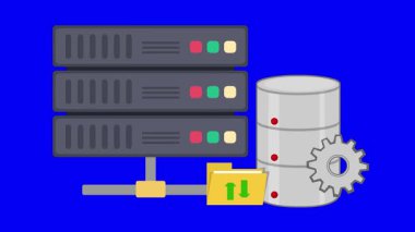 video animasyon simgesi sunucusu ve veritabanı konsepti, mavi krom anahtar arka planda