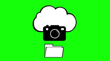 video animasyonu, yeşil renkli anahtar arkaplan üzerinde, bulut sanal sistem bağlantısına film, fotoğraf ve bilgisayar yükleyen siyah beyaz simge çiziyor