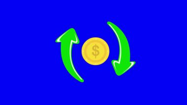 video animasyon simgesi değişimi ve para birimi dönüştürme dolar işareti kavramı, mavi renkli anahtar arka planda