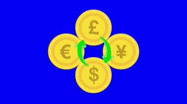 video animasyon simgesi dönüştürme veya takas dolar, avro, yen ve sterlin para madeni para kavramı, mavi krom anahtar arka plan