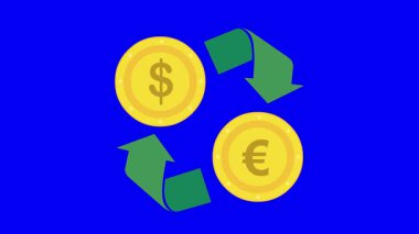 video animasyon simgesi dönüştürme veya takas dolar ve euro para madeni para kavramı, mavi renkli anahtar arka plan