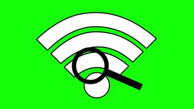 Wi-fi sinyal sistemini arama kavramında, yeşil krom anahtar arkaplan üzerinde siyah-beyaz Wi-Fi sembolü ve büyütme cam aracı çizen video animasyonu