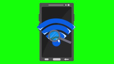 video animasyon simgesi cep telefonu wifi sembolü ve büyütme cam aracı, kablosuz ağ sinyali sistemi kavramında, yeşil krom anahtar arka planda
