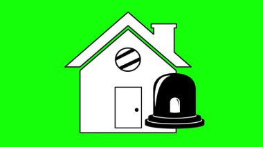 video animasyonu yeşil renkli anahtar arkaplan üzerine siyah beyaz ikon ev güvenlik alarmı konsepti çiziyor