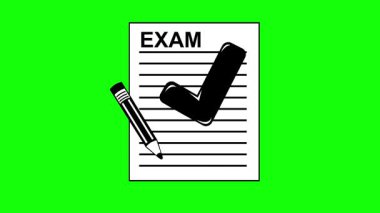 Onaylanmış değerlendirme konseptinde yeşil renkli anahtar arkaplan üzerine siyah beyaz simge, sınav ve onay işareti çizen video animasyonu