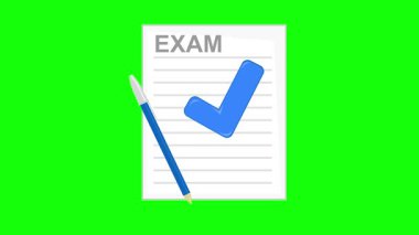 yeşil renkli anahtar arka planda video animasyon kalem, sınav ve onay işareti, onaylanmış değerlendirme konsepti,