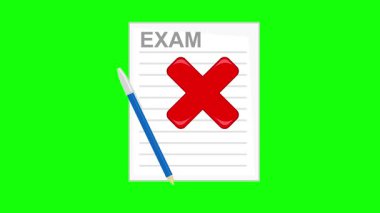 video animasyon kalem, sınav ve çapraz, onaylanmamış değerlendirme konsepti, yeşil renkli anahtar arka plan
