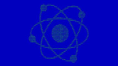 ikili kod sistemindeki 0 ve 1 sayıları ile dizayn edilmiş bir molekülün video animasyonu, kuantum hesaplama, nanoteknoloji, veya biyoteknoloji konsepti, mavi krom anahtar arka plan
