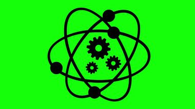 kuantum mekaniği konseptinde dönen atom ve dişlilerin siyah video animasyon simgesi, yeşil krom anahtar arka planda