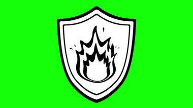 Yangın sigortası kavramında yeşil krom anahtar arkaplan üzerine hareket eden bir alevin siyah beyaz simgesini ve kalkan nesnesnesini gösteren video animasyonu