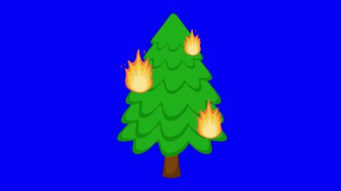 Video animasyon ağacı ve alevler orman yangını kavramında, mavi renkli anahtar arka planda