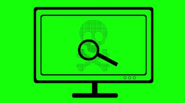 video animasyon simgesi büyüteç nesne, bilgisayar monitörü ve kafatası ikili kod sayı sistemi ile yeşil krom anahtar arkaplan üzerinde pc virüsü analiz ve arama kavramında tasarlanmıştır.