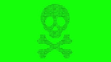 video animasyon siyah iskelet iskelet iskelet şekil kafatası, ikili sistemin 0 ve 1 numaraları, bilgisayar veya teknolojik virüs yazılımı kavramında, yeşil renkli anahtar arka planda