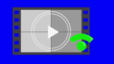 Video animasyonu negatif film ve kablosuz ağ sinyali çevrimiçi film konseptinde, mavi renkli anahtar arka planda