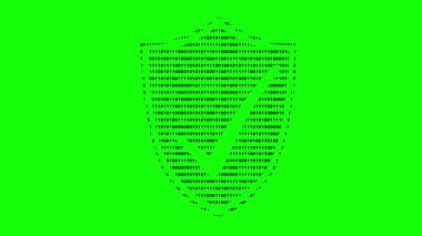 video animasyon siyah simge kalkanı ve kontrol işareti ikili kod sistem numarası ile tasarlanmış, antivirüs veya siber güvenlik konsepti, yeşil krom anahtar arka plan