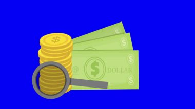 video animasyon büyütme cam nesne, yığınla bozuk para ve dolar banknotlar, arama yatırım konsepti, mavi krom anahtar arka plan