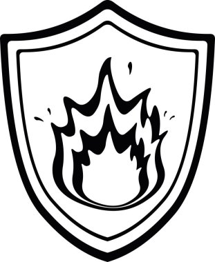 Ateş ve kalkan nesnelerinin siyah ve beyaz konsept simgelerini çizen vektör çizimi, yangın sigortası kavramında