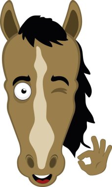 Vektör illüstrasyon karakteri at suratlı, göz kırpan bir çizgi film ve elleriyle iyi veya mükemmel bir jest yapıyor.