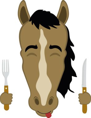 Vektör çizim karakteri at suratlı çizgi film. Elindeki çatal ve bıçakla ne kadar lezzetli bir ifade.