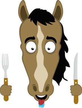 Vektör illüstrasyon karakteri at suratlı, aç bir ifadeyle, ağzı sulanmış bir dille, elinde bir bıçak ve çatalla.