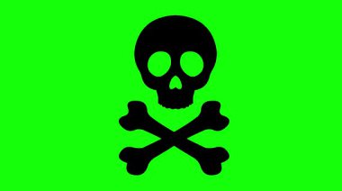 video animasyonu yeşil renkli arka planda siyah-beyaz ölüm, zehirli ya da zehirli uyarı kavramını değiştiren çapraz kemikli ikon kafatası çizer