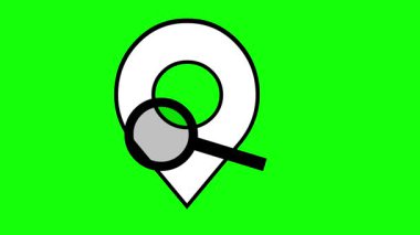 Siyah beyaz büyüteç ve GPS adresi veya IP sembolü çizen video animasyonu yeşil renkli bir arkaplan üzerinde yön kavramı simgesi arıyor