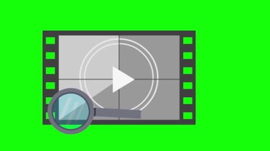 video animasyon büyüteç ve film negatif, arama filmi makara dosya kavramı, yeşil renkli anahtar arka plan