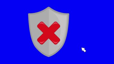video animasyon bilgisayar imleci fare, mavi renkli bir arkaplan üzerinde pasifleştirilmiş ve etkinleştirilmiş kalkan antivirüs yazılım sistemine tıklayın