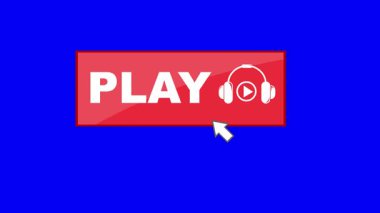 Video animasyonu, müzik düğmesi dijital üzerinde bilgisayar imleç faresi, mavi renkli anahtar arka planında