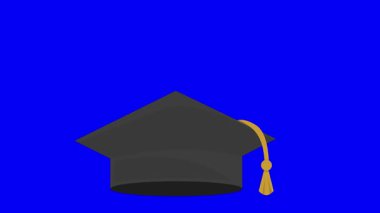 Mezuniyet kasketinin video animasyonu ve e-öğrenme konseptinde kablosuz internet sinyali, mavi renkli anahtar arka planda