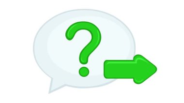 video animasyon konuşma balonu, soru işareti ve hareket eden ok, sorgulama konsepti simgesi gönderme, beyaz arkaplan üzerinde