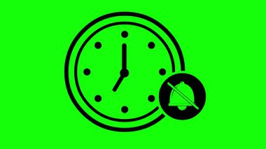 video animation black clock with locked bell symbol, in moment of silence concept icon, on a green chroma key background