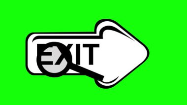 video animation drawing black and white arrow text and magnifying glass in searching for exit concept icon, on a green chroma key background