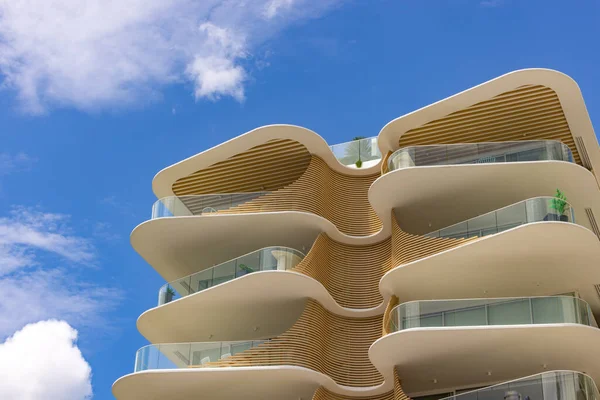 Interesting architecture residential building. Wave design coastal look by the sea on the Gold Coast Australia