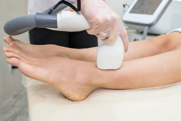 Hair removal on the legs, laser procedure at medical clinic. Beautiful smooth female legs in beauty salon, spa concept. Laser skin care banner