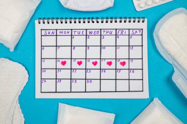 Hijyenik pedlerin üst görüntüsü, izole edilmiş mavi arka planda işaretli bayanlar takvimi. Kadın adet dönemi kavramı..