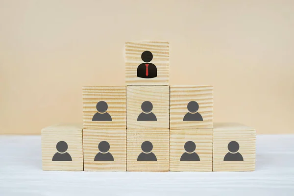 stock image Human resource management and business concept set.Human resources, corporate hierarchy and multilevel marketing concept. Human icon on a stack of wooden cube blocks in a pyramid