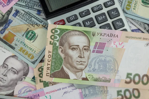 Calculadora Com Dólares Hryvnia Conceito Financeiro — Fotografia de Stock