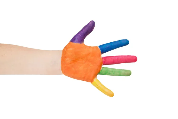 Mão Criança Pintada Com Pinturas Dedo Multicoloridas Fundo Branco — Fotografia de Stock