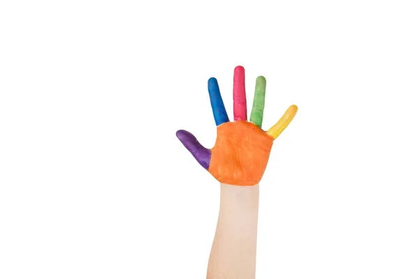 子供の手が白い背景に色とりどりの指塗料で塗装 — ストック写真