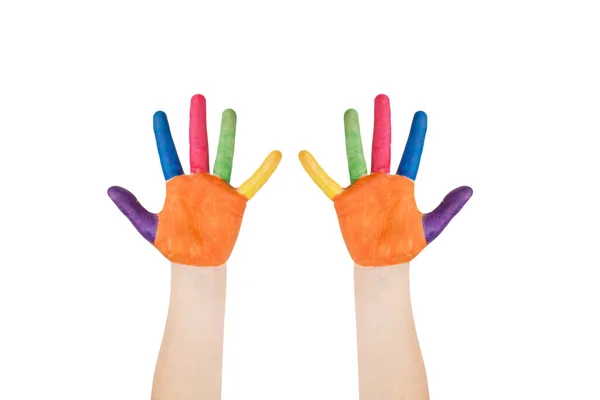 Dłonie Malowane Białym Tle Ścieżką Wycinania Uśmiechnięte Kolorowe Dłonie Dzieci — Zdjęcie stockowe