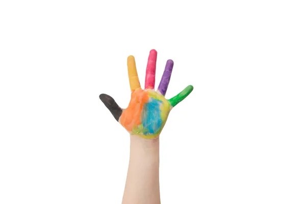 子供の手が白い背景に色とりどりの指塗料で塗装 — ストック写真