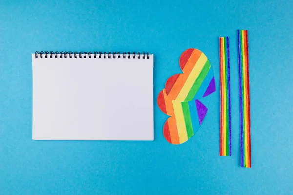 Lgbt Symbol Rainbow Hearts Blank Notepad Blue Background Rights Gender — Stock Photo, Image