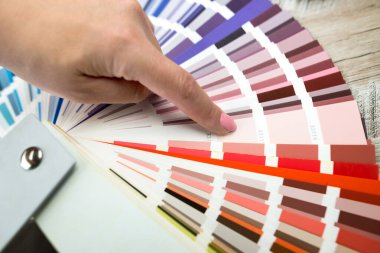Parmağı olan kişi palette seçilen renge boyama için işaret eder. Renkli katalog yelpazesi. İç tasarım seçimi kavramı