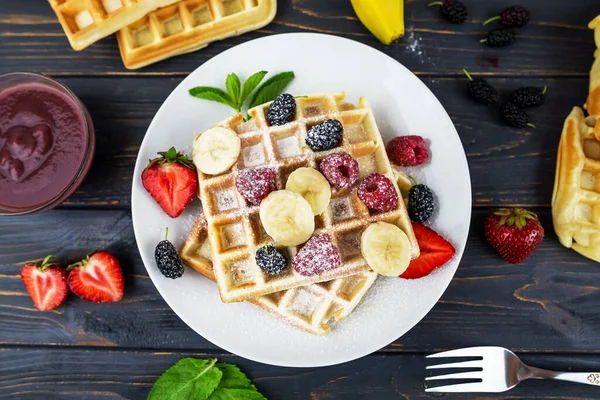 Square Belgian Waffles Berries Powdered Sugar White Plate Wooden Table — Stock Photo, Image