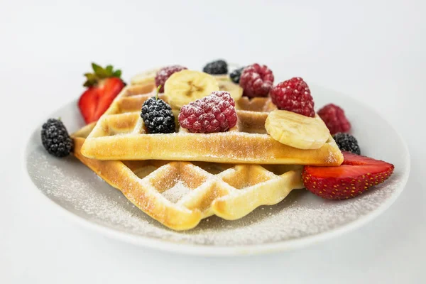 Square Belgian Waffles Berries Jam Light White Background Delicious Sweet — Stock Photo, Image