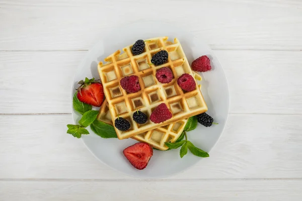 Belgian Waffles Different Berries White Sweet Waffles White Plate — Stock Photo, Image