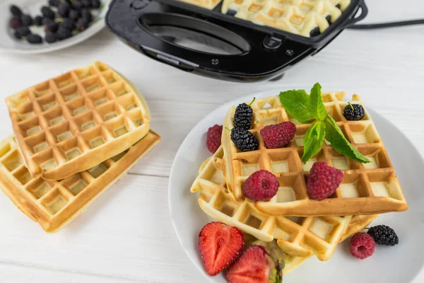 Belgian Waffles Different Berries White Sweet Waffles White Plate — Stock Photo, Image
